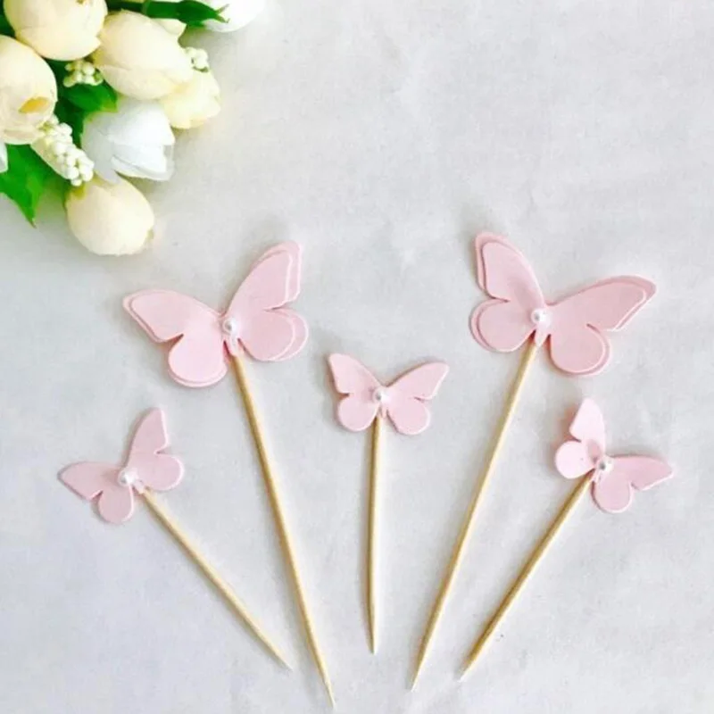

5Pcs/Lot Pink Butterfly with Pearl Cake Topper Weddding Cake Decorations Cupcake Topper For Dessert Table Decor Party Supplies