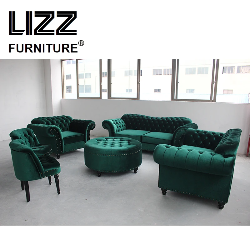 Lizz Europe Style Divani Button Tufted Sofa Sets Luxury Furniture Set Fabric Sofas For Living Room