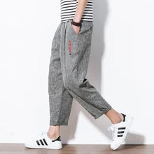 M-5XL! с вышивкой в китайском стиле льняные брюки длиной до щиколотки мужской штаны-шаровары мужские повседневные обтягивающие штаны Свободные
