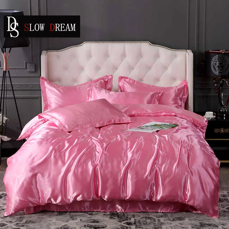 

SLOWDREAM Pink Duvet Cover Set Bedding Set 100% Satin Silk Bedspread Double Queen Family Suite Bedclothes Decor Home Textiles