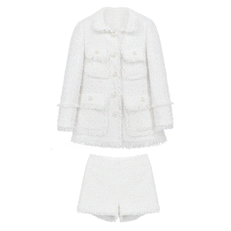 Твидовая куртка+ шорты набор весна/осень женский комплект Зимний Дамский Модный жакет комплект из 2 предметов - Цвет: Белый