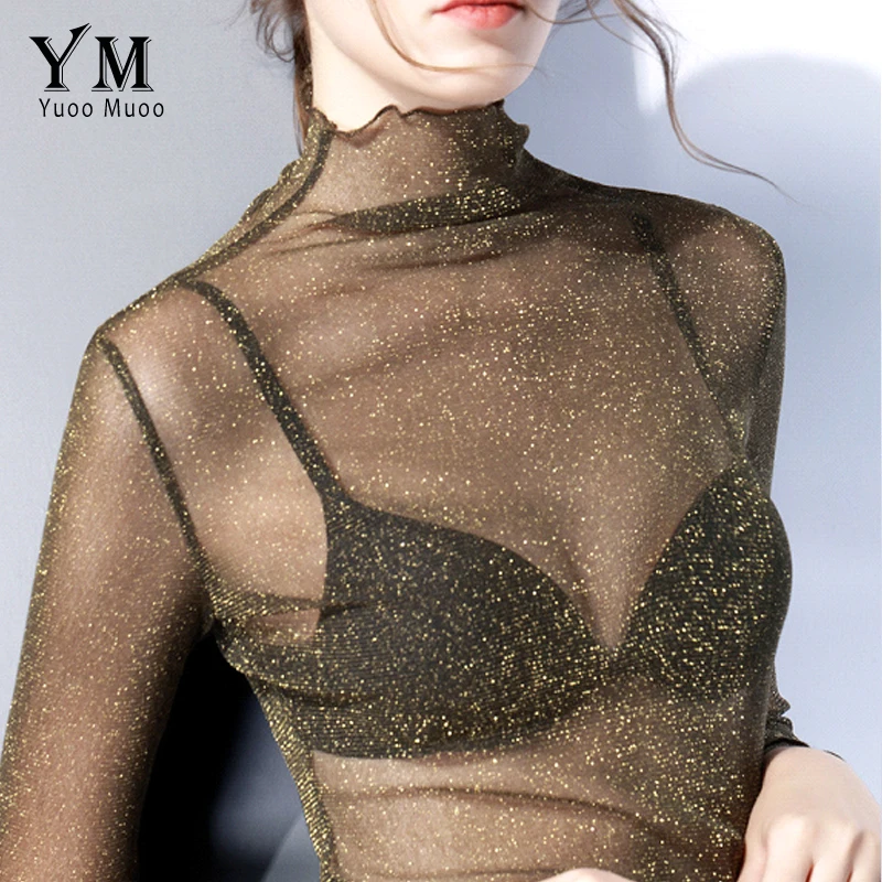 YuooMuoo Sexy Transparent Mesh T Shirt High Quality Women Turtleneck Tops Plus Size Long Sleeve Sheer Slim Ladies Sequin Top