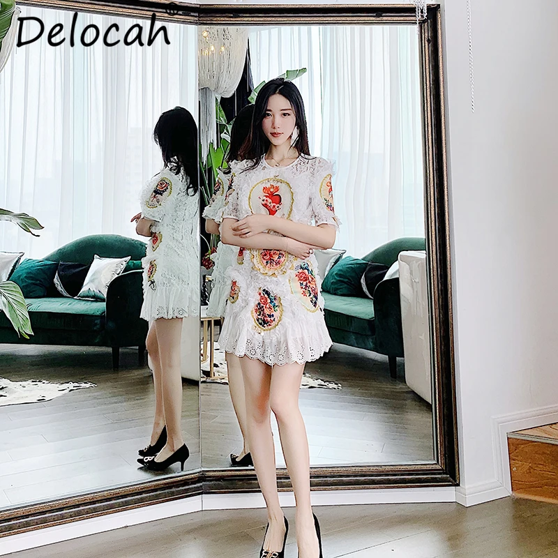 

Delocah New 2019 Women Spring Summer Dress Runway Fashion Designer Embroidery Beading Lace A-Line Short Sleeve Elegant Dresses