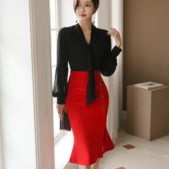

2019 Spring Office Work Lady Elegant Chiffon Shirts Lady Work Wear Black Chiffon Shirts Women Bow Tie Chiffon Tops