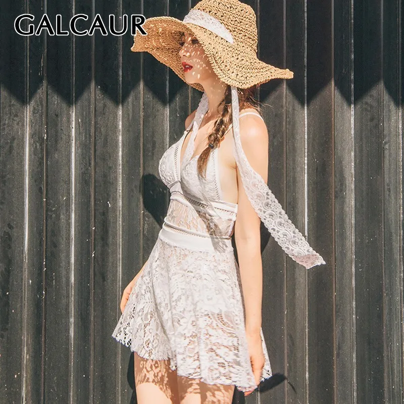 

GALCAUR Elegant Swimming Two Piece Set For Women V Neck Sleeveless Hollow Out Bodysuits High Waist Skirt Suit Female 2019 New
