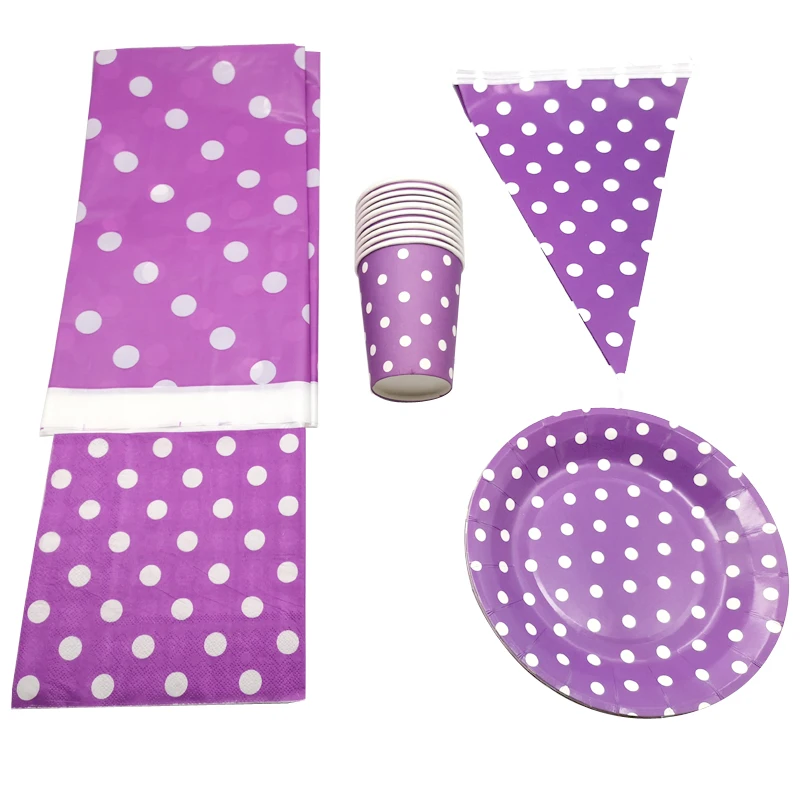 

Purple Polka Dots Theme Tablecloth Baby Shower Napkins Birthday Tableware Plates Decorate Cups Kids Favors Hanging Banner 51PCS