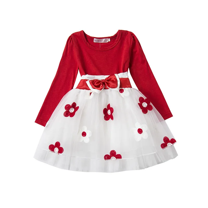 Симпатичные для маленьких девочек осень-зима платье Младенческая малышей хлопка с длинным рукавом Костюмы маленькой принцессы для рождественской вечеринки цветок пачки платье - Цвет: red