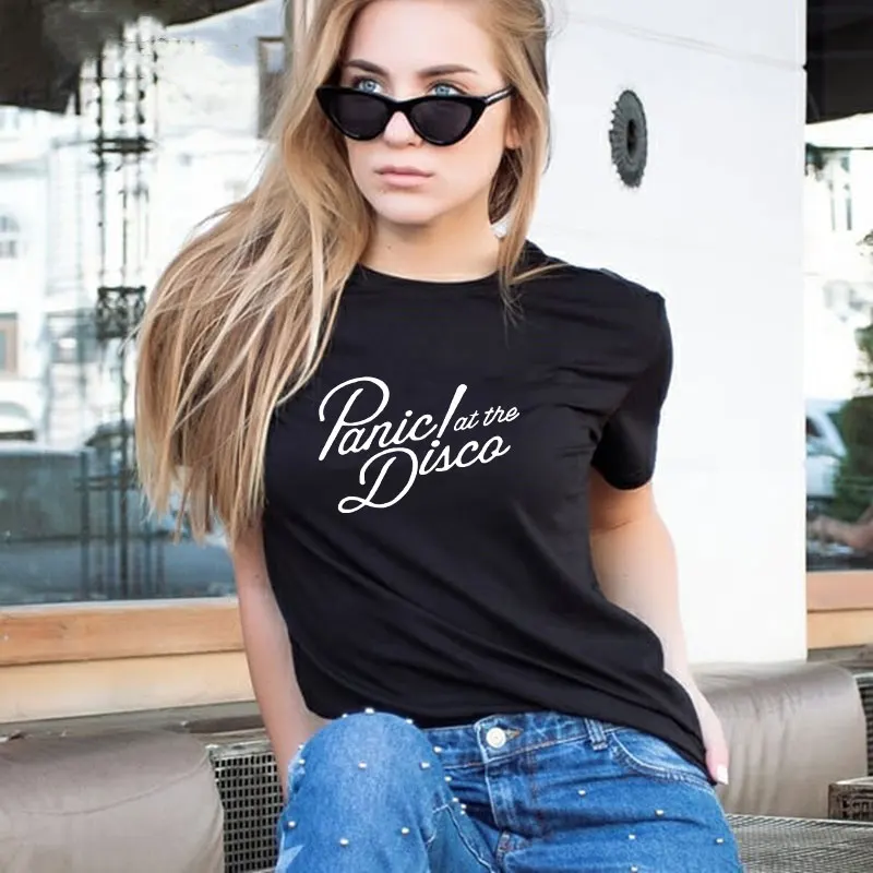 

Panic At The Disco Letter t shirt Women Short Sleeves Fashion Summer Streetwear tee shirt femme Cotton Funny Tops mom tshirt