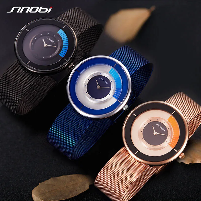 

SINOBI Man Watch Quartz Wrist Watches Ultra Thin Stainless Steel Mesh Band Creative Rotate Dial Male Luxury Watches