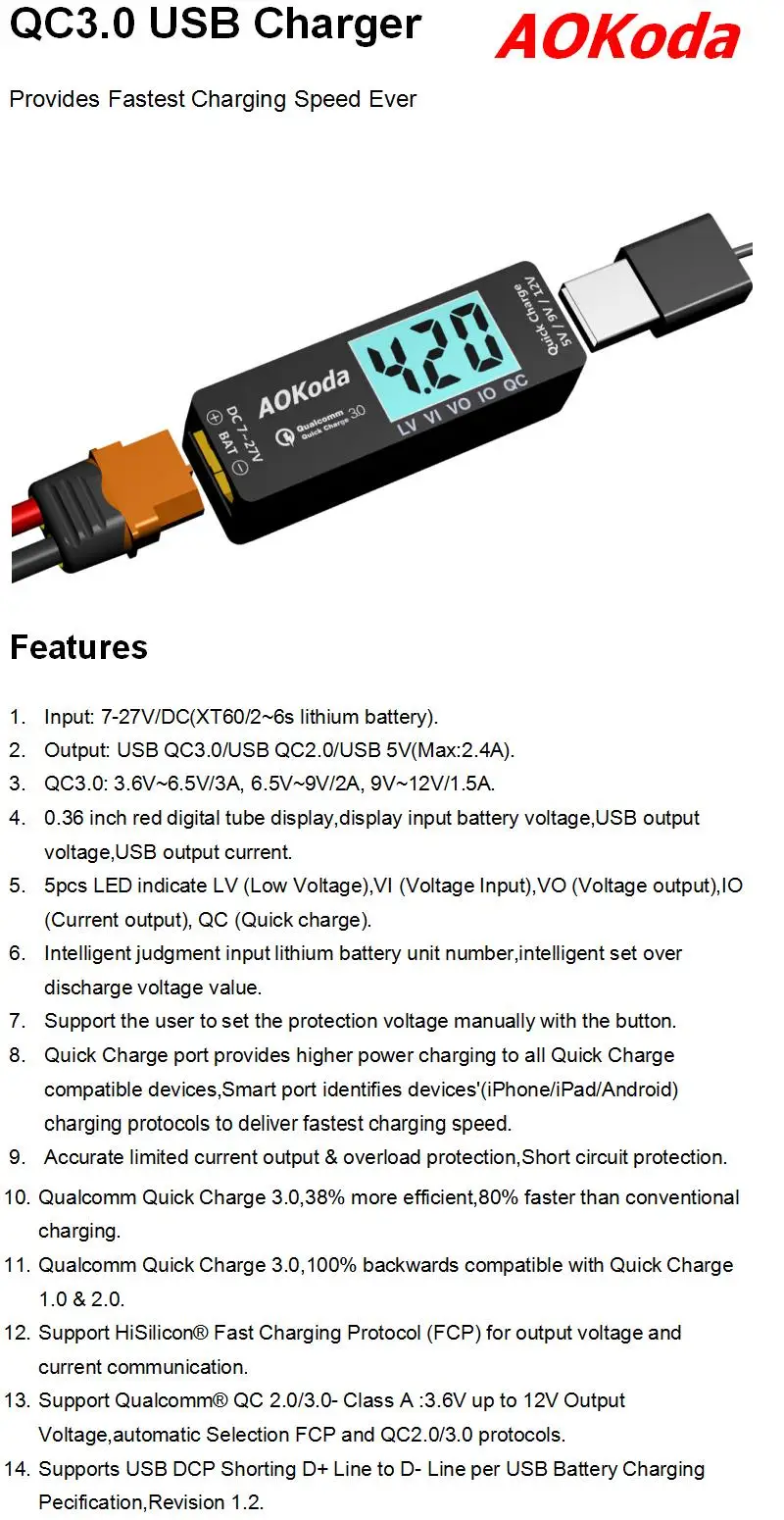 AOKoda Lipo к USB преобразователь питания QC3.0 адаптер быстрое зарядное устройство для смартфонов планшетных ПК Lipo батарея тестор индикатор RC модели