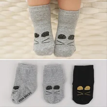 1 пара Кот дизайнерские носки новорожденных Для маленьких мальчиков и девочек Infantile мужской черный серый милые хлопковые носки для детей 4-36months