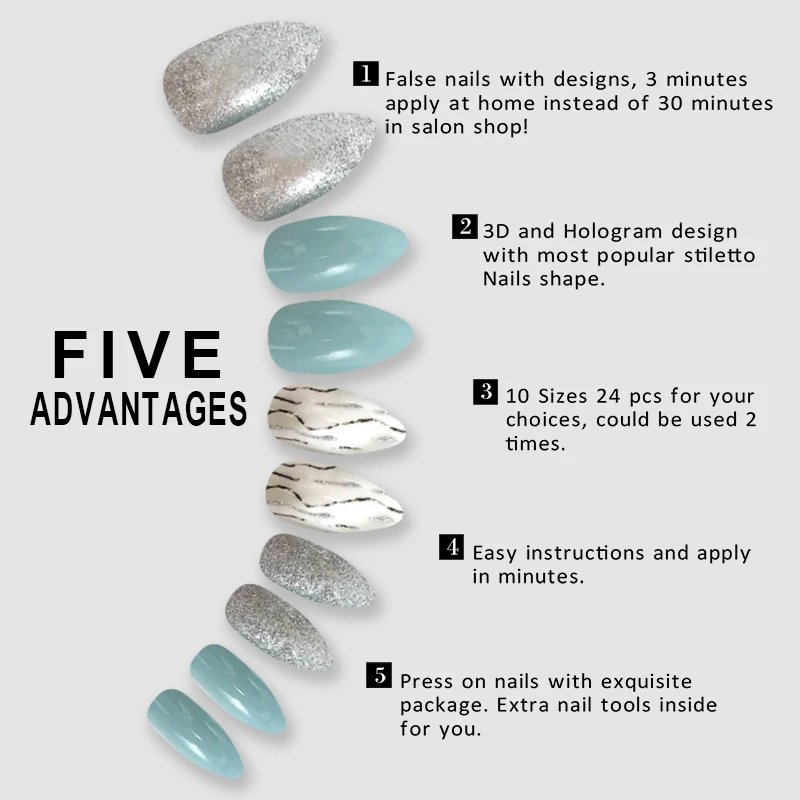 24PCS Stiletto False Nails with Designs Full Cover Glitter Fake Nail Tips Press on ABS Women Art Decoration | Красота и здоровье