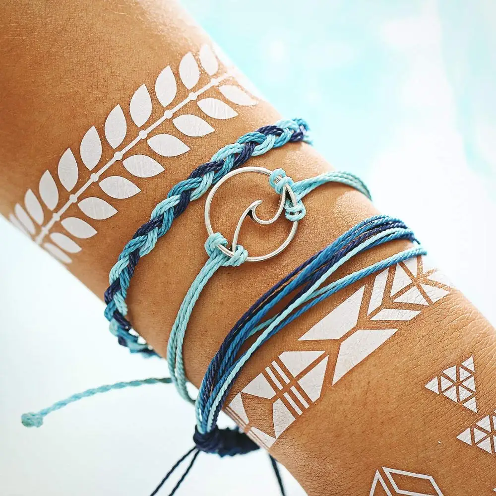 

HIYONG Wave Strand Armband Set Handgemaakte Waterdichte Wax Coated Gevlochten Touw Boho Geweven Armband Vrouwen