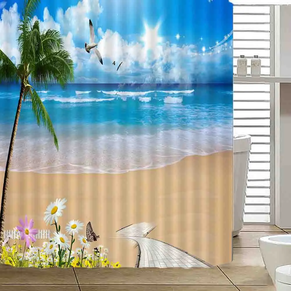 

Coconut&Beach Shower Curtains Waterproof Women Bathroom Products showers curtain Polyester Fabric Merchandises Flower AP8G