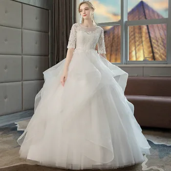 

Holievery Ruffled Organza Ball Gown Wedding Dresses with Lace Appliques 2019 Half Sleeves Bridal Dress Gowns Vestidos De Noivas