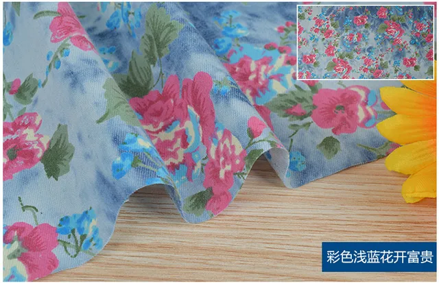 Soft Printed Flowers Washed Denim Jeans Fabric Sewing Dress Coat