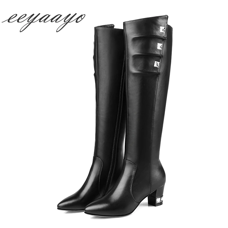 

New Genuine Leather Winter Women Knee-High Boots High Heels Round Toe Zip Sexy Ladies Shoes Black Woman Cow Leather Long Boots