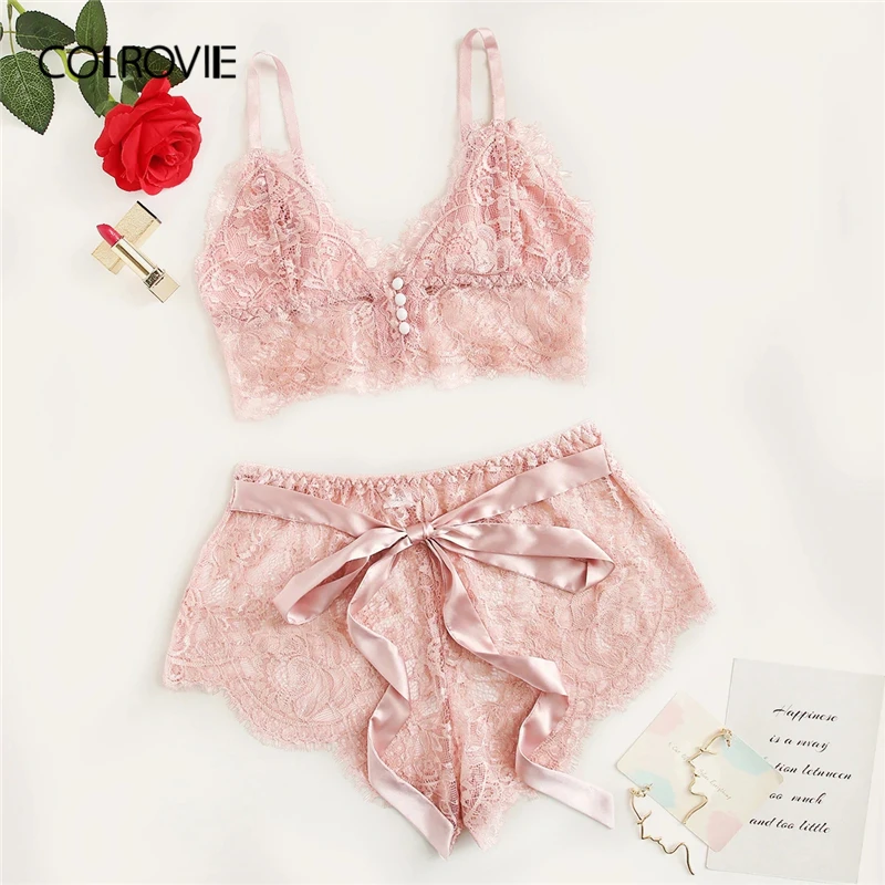 Billige COLROVIE Rosa Scalloped Floral Spitze Dessous Set Frauen Pyjama Set 2019 Burgund Bralettes Und Slips Nachtwäsche Sexy Nachthemd