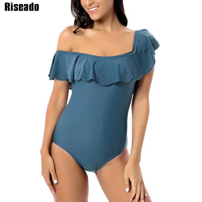 

Riseado New One Piece Swimsuits 2019 Sexy Ruffle Swimwear Women Solid Swimsuits Push Up Bathing Suits Hollow Beachwear
