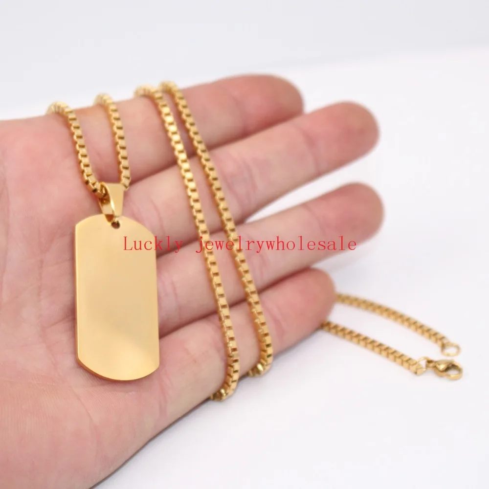 

Punk Hiphop Men's Women Stainless Steel Fashion Gold Dog Tag Army card Pendant Necklace with box chain 24'' for Gifts
