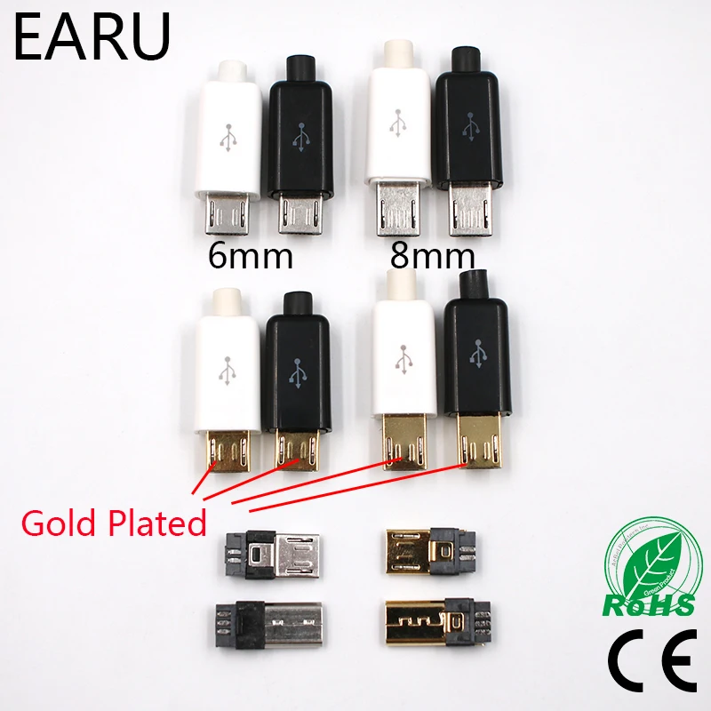 

10pcs 6mm 8mm Micro USB 5PIN Welding Type Male Plug Connectors Charger 5P Tail Charging Socket 4 in 1 White Black Gold Plated
