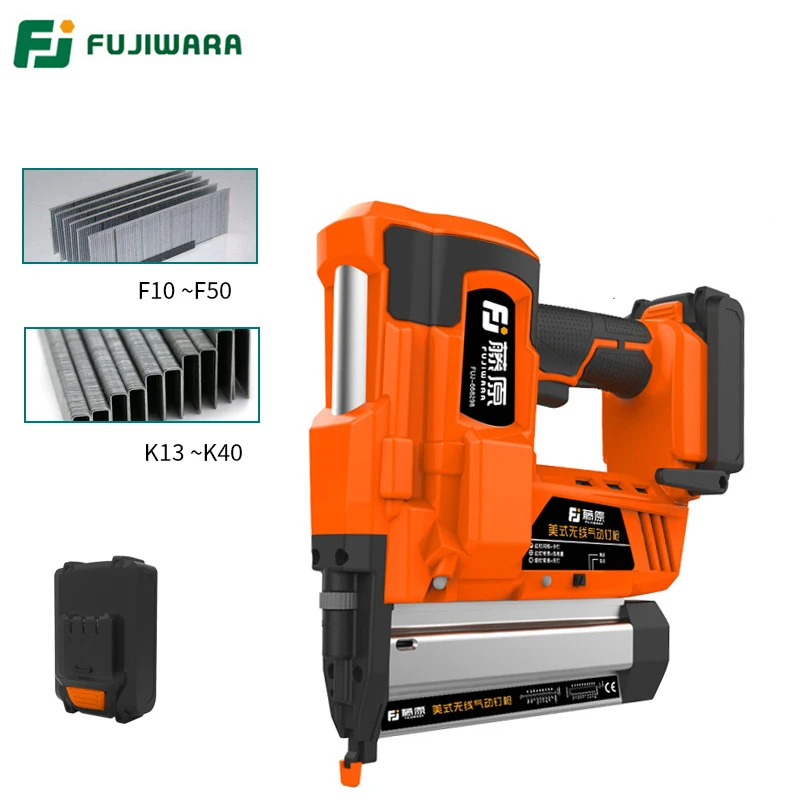 Фудзивара Электрический беспроводной литиевый аккумулятор Перезаряжаемый пистолет для ногтей 15-50 мм прямой гвоздь 10-40 мм u-образный инструмент для деревообработки ногтей - Цвет: One battery