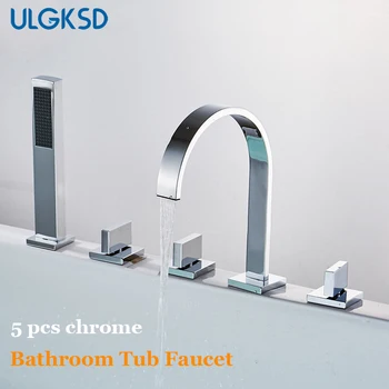 

ULGKSD Bathtub Faucet Chrome Brass 5 PCS Hot and Cold Water Ceramic Mixer Tap Para Bathroom Shower Faucets W/ Hand Shower