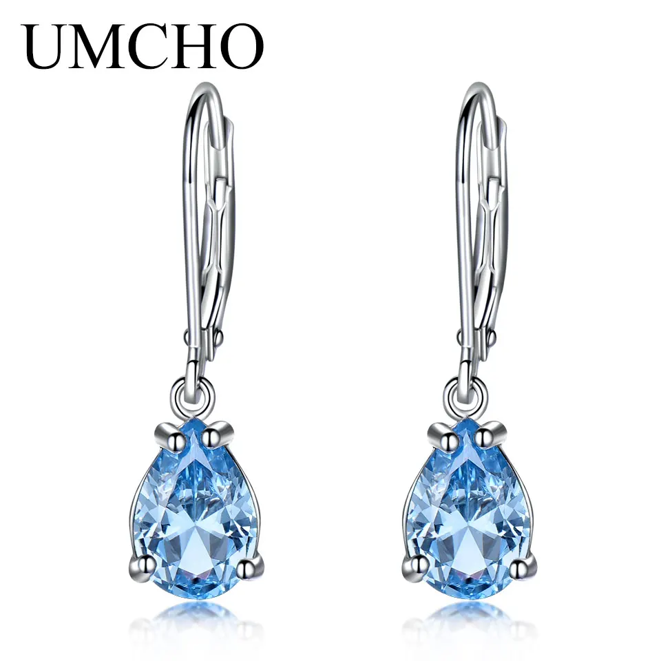 UMCHO серьги-клипсы в форме капель с голубым топазом, ювелирные изделия из серебра 925 пробы для женщин, элегантный свадебный подарок, хорошее ювелирное изделие - Цвет камня: Sky Blue Topaz
