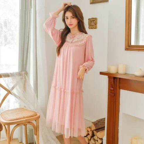 

Summer Cotton Women White Lace Long Nightgowns Pink Short Sleeve Retro Loose Sleepwear Home Wear