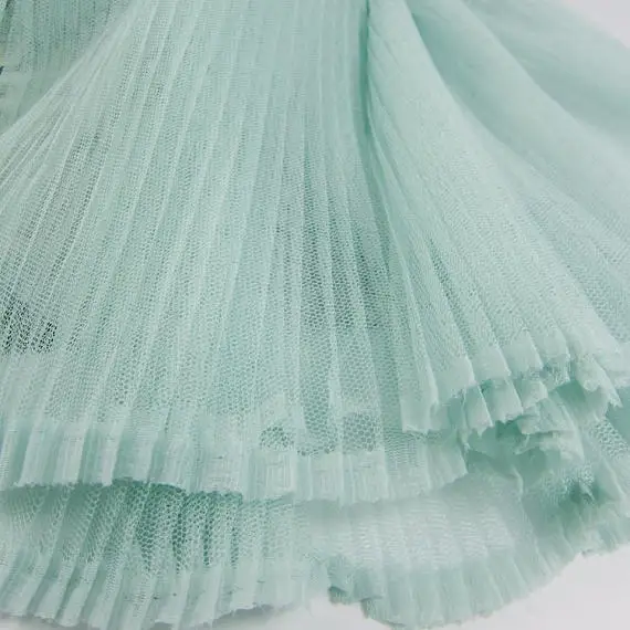 

aqua blue tulle accordion pleated fabric for pleated dress, mesh accordion pleats fabric, accordion fabric