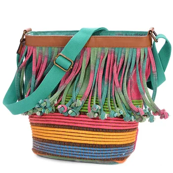 

6858 New Fashion Cotton Bucket Handbag Totes Weaving Vintage Tassel Single Shoulder Slant Women's Bag