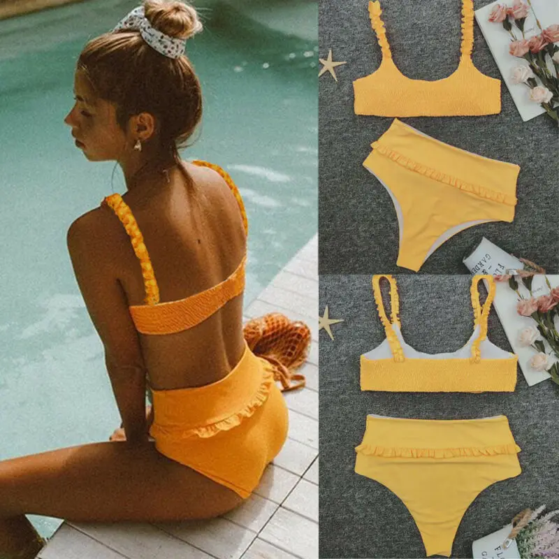 

Small Fresh Yellow Pleated Wood Ear Sling Padded Bra Ruffles Stitching Triangle Swimwear Swimsuit Woman High Waist Bikini Set