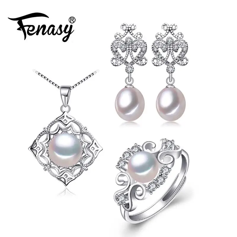 

FENASY 925 Sterling Silver Earrings With Stones Jewelry Sets For Women Wedding Set Natural Pearl Earrings Pendant Necklace Ring