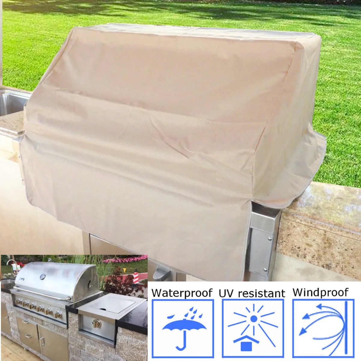 

Vinyl Outdoor BBQ Cover Waterproof Built-in Gas Grill Head/Top Protective Cover Camping BBQ Tools Kitchen Accessories Taupe