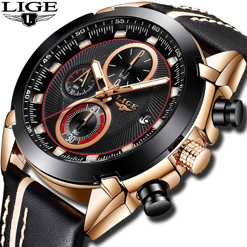 

2019 LIGE Top Brand Luxury Fashion Clock Male Casual Leather Military Waterproof Sport Watch Men Business Quartz Wristwatch+Box