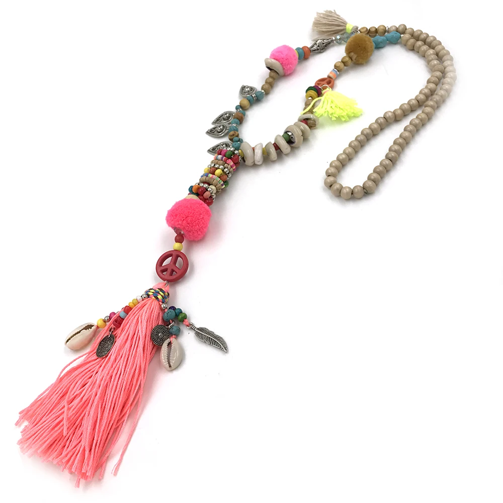 New Clothing Accessories Bohemian Wood Beaded Tassel Long Necklace Pink Fringes Pompous Pendants Necklace For Women