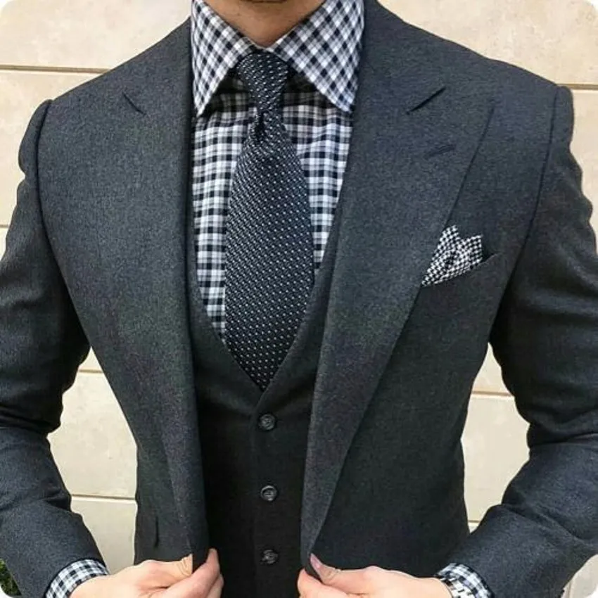 Новейший дизайн пальто брюки темно-серый твидовый костюм Мужской приталенный официальный Свадебный костюм для мужчин 3 предмета мужской классический костюм Ternos
