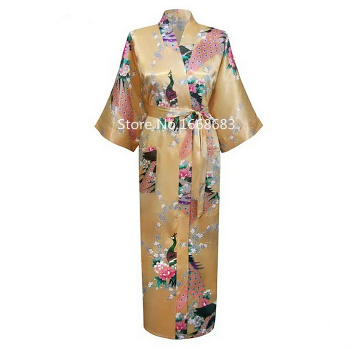 Розовый Свадебный халат для невесты, подружки невесты, китайский женский длинный халат из искусственного шелка, кимоно, платье, сексуальное нижнее белье, одежда для сна с цветами размера плюс 3XL - Цвет: Gold