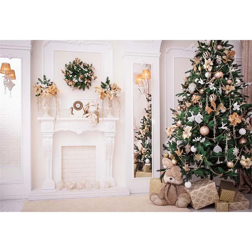 

Indoor White Wall Fireplace Garland Merry Xmas Party Background Printed Christmas Tree Gifts Toy Bear Baby Kids Photo Backdrops