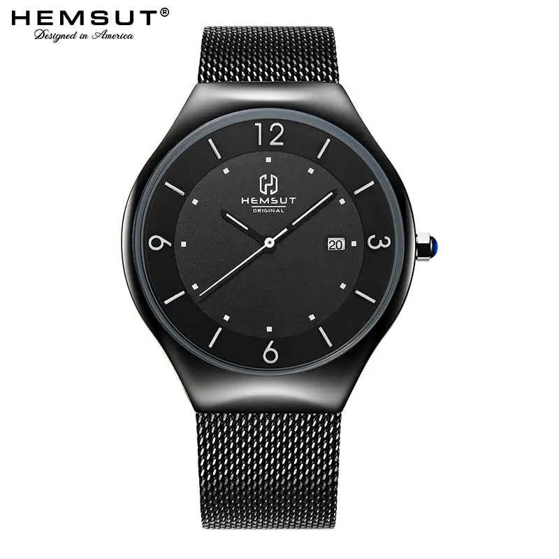 

Men's Watch Hemsut Ultra-thin Men Watch Stainless Steel Straps Quartz Watch 30m Waterproof Black relogio masculino 2018