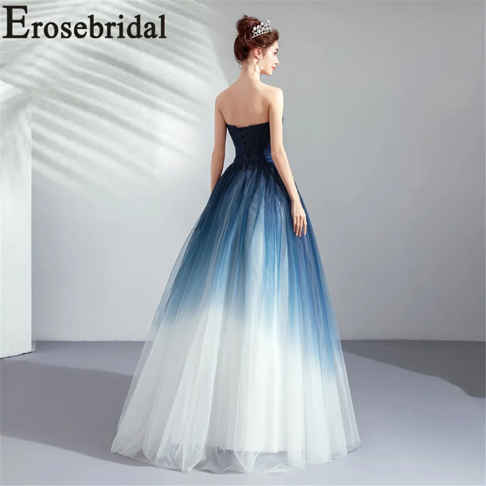 Erosebridal 2019 Contrast Color Blue White Evening Dress Long Elegant Formal Women Party Prom Gown with Lace Up Back Pleat Body