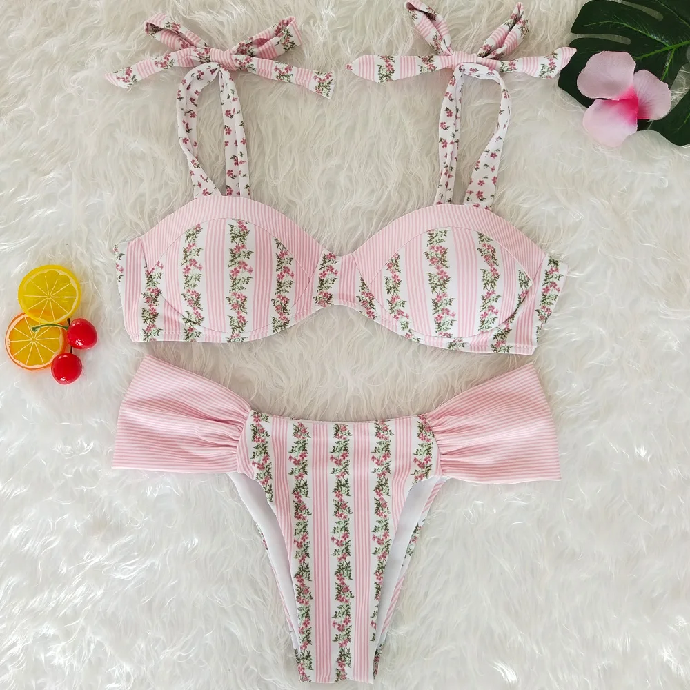 

2018 New Bowtie Floral Printed Bikini Set Swimsuit Bathing Suit Swimwear