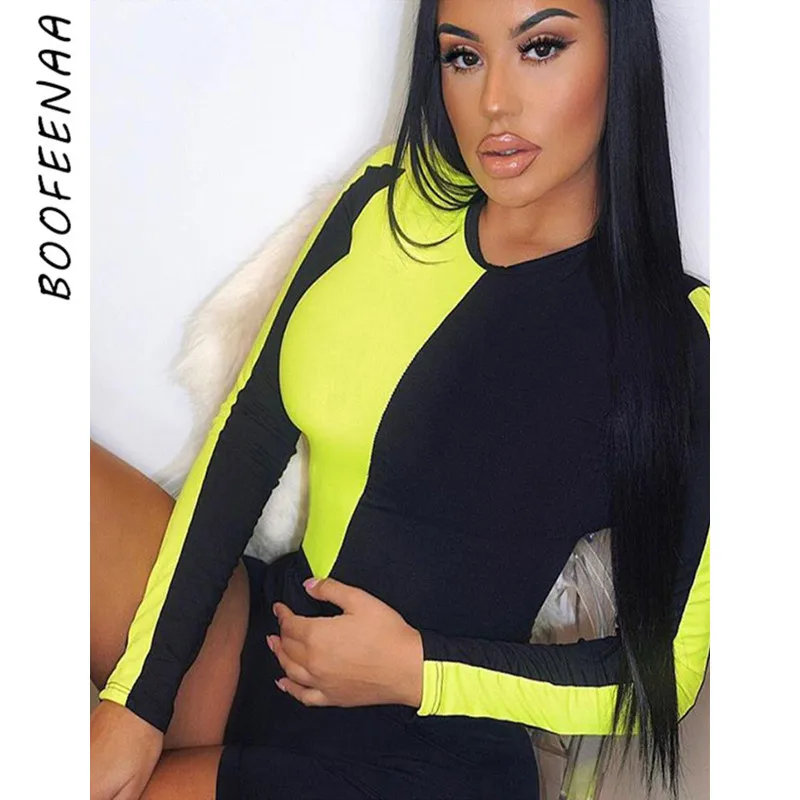 BOOFEENAA النيون اللون كتلة طويلة الأكمام ارتداءها ملابس حريمي 2019 الخريف الشارع الشهير البرتقال الأخضر قمم الهيئات موهير C87-I17