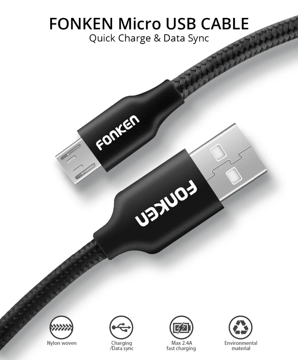 Кабель Micro USB FONKEN, быстрое зарядное устройство, кабель для телефона, Макс. 2,4 А, шнур для зарядки, нейлоновый плетеный провод, кабели для передачи данных для мобильных телефонов Android