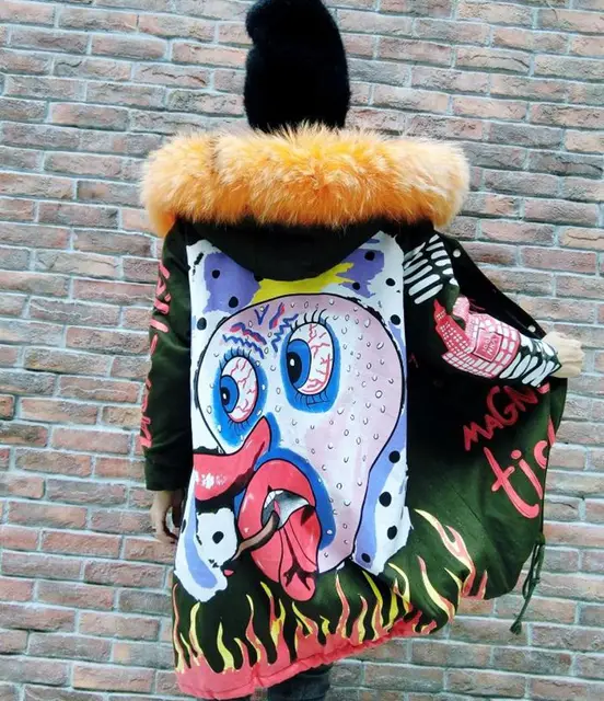 Cheap Newest Graffiti Printing cotton coats women's winter thick warm outerwear girl's velvet fur collar parkas hooded jackets X6289