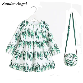 

Sundae Angel Girls Dress Long Sleeve Cotton with Bag O-Neck Print Flower Peas Shell Pattern For Kids Girl Dressess Clothes 2-8 Y