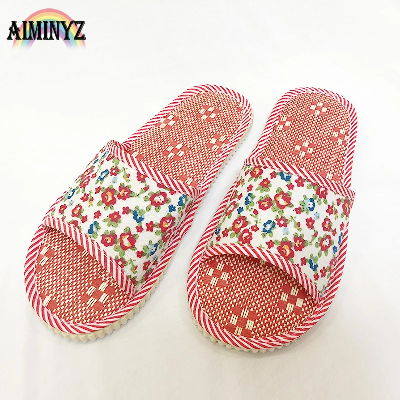 

Summer Hot Flowers Slippers Natural Flax Linen Women/Men Indoor Floor Shoes Home Bedroom Slides Sandals Open Toe Flip Flops Shoe