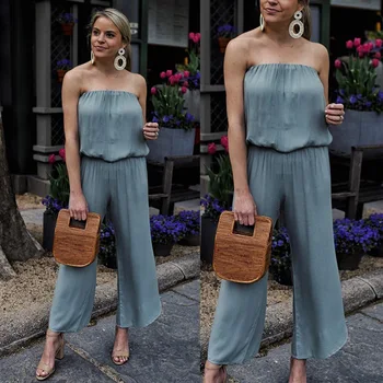 

Ladies Sexy Strapless Backless Jumpsuit Blue Off Shoulder Elegant jumpsuits Women Summer 2019 Solid Casual Loose Wide Leg Pants