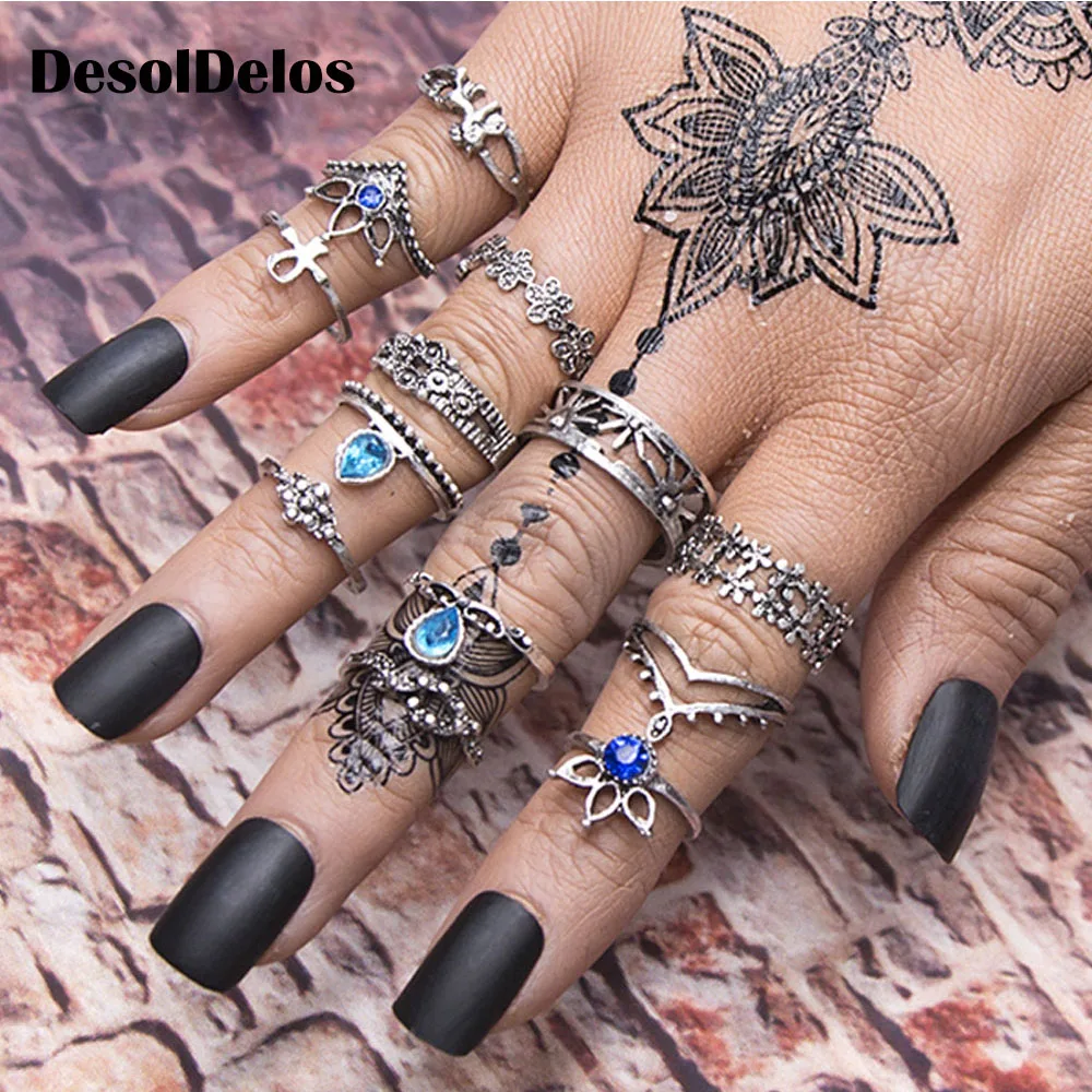 

New 13pcs/Set Bohemia Retro Metal Purple Crystal Knuckle Midi Fingers Rings Set for Women Geometric Vintage Rings Sets Jewelry