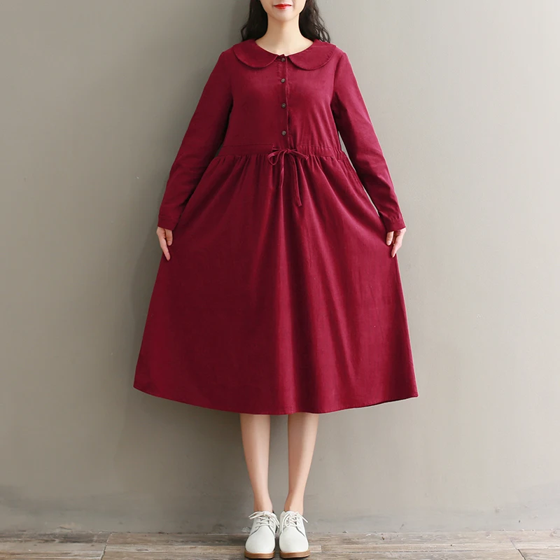 

Spring autumn lady corduroy dress new fashion solid long sleeve elegant red dress vestidos rojos elegantes